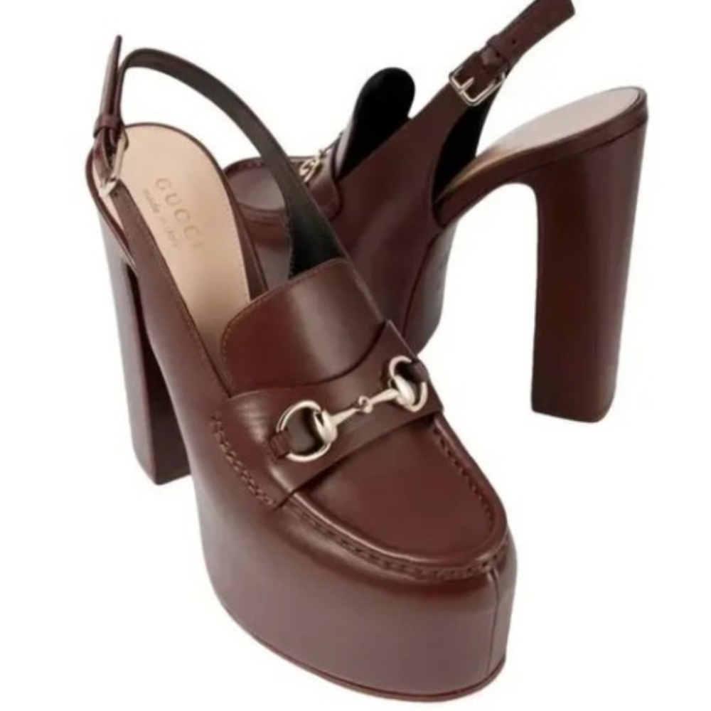 Gucci Horsebit  Brown Leather Slingback Platform
